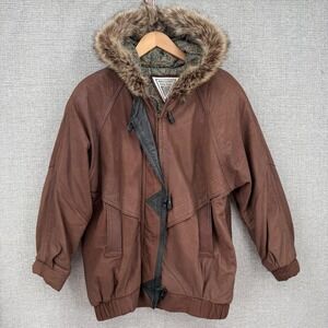 Marvin Richards Mens Sz XL Brown Genuine Leather Fur Hood Bomber Jacket Lined